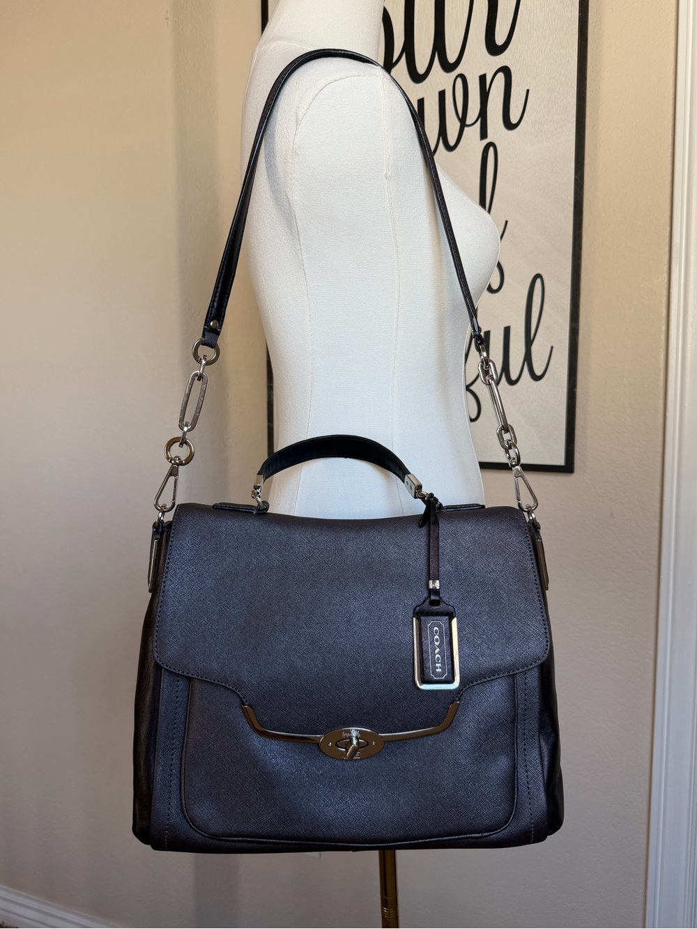 Coach Madison Sadie Black Grey Leather Turnlock Satchel with Silver Hardware